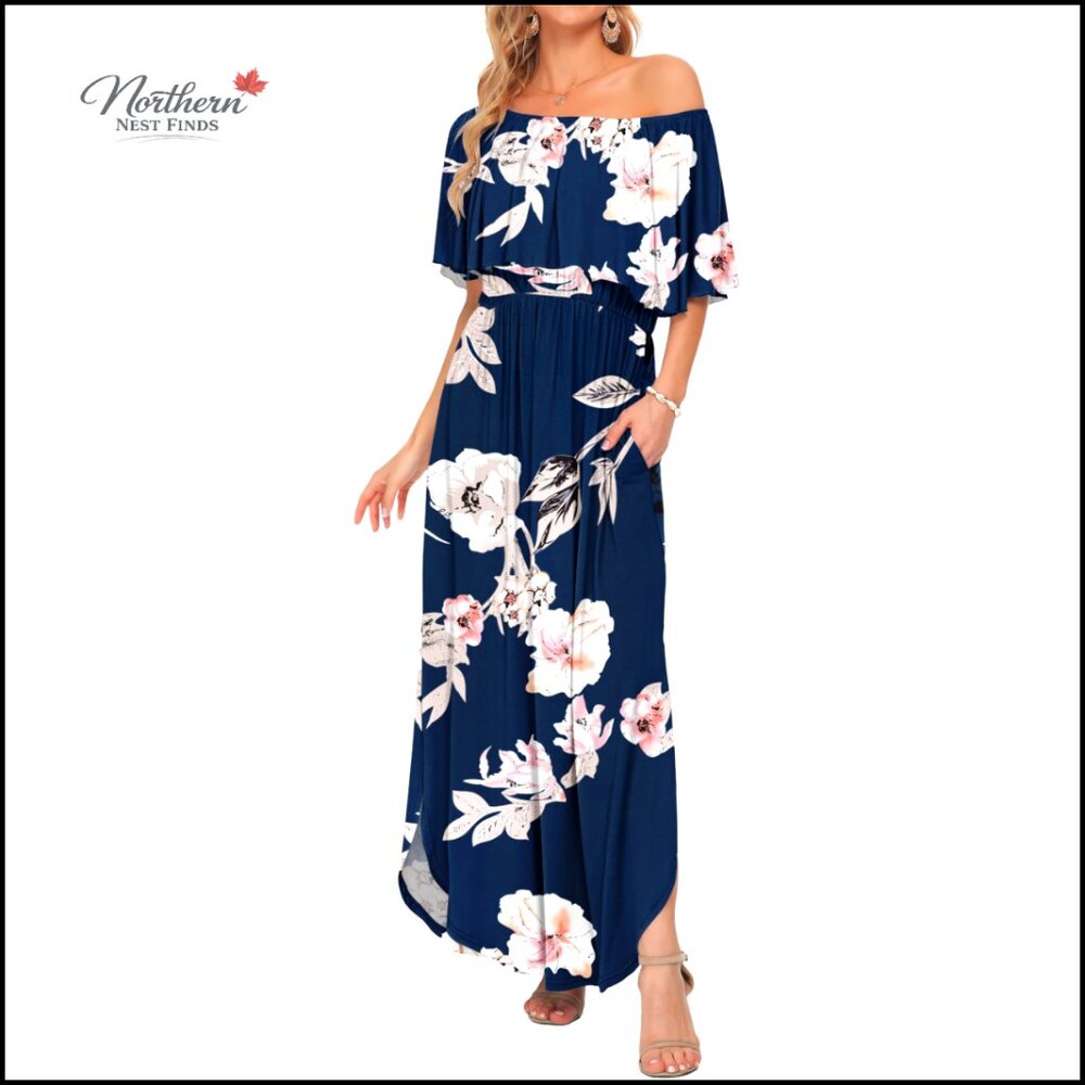 Off Shoulder Strapless Maxi Dress with Pockets, Ruffle Casual Swing Sundress